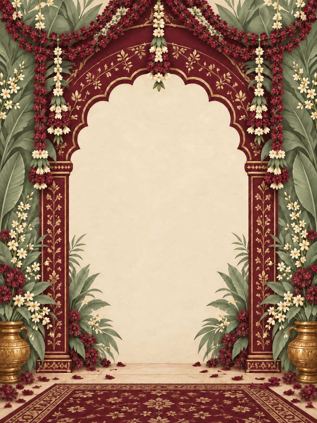 Burgundy floral arch with sage green foliage and ivory jasmine